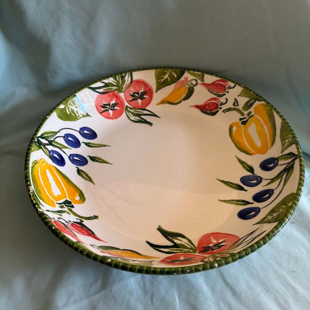 J McCall 2004 Blue Sky 12.5" Bowl With Colorful Fruit Design